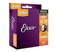 Elixir Strings, Acoustic Guitar Strings, Phosphor Bronze with NANOWEB Coating, Longest-Lasting Rich and Full Tone with Comfortable Feel, 3-pack, Light 12-53