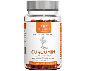 Elixirvit Liquid Curcumin with Vitamin D - 185x More Bioavailable Than Typical Turmeric/Curcumin Supplements - Advanced Turmeric Extract with NovaSOL - 60 High Strength Capsules