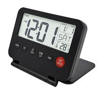 Elixvane Digital Travel Alarm Clock, Desktop Foldable Battery Operated Clock Small Portable LCD Display Backlight Clocks Calendar Temperature Snooze 5min 12/24H Weekend for Bedroom Office(Black)