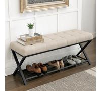ELIZE Upholstered Shoe Storage Bench With Shelf, 113Cm End Of Bed Shoe Bench, Linen Tufted Seat With Metal Frame