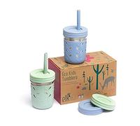 Elk and Friends 10oz Stainless Steel Kids + Toddler Drinking Cups | The Original Mason Jars with Lids + Sleeves + Straws | Smoothie Cups | Spill Resistant | Dishwasher Safe | 2 Pack