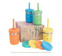 Elk and Friends 10oz Stainless Steel Kids + Toddler Drinking Cups | The Original Mason Jars with Lids + Sleeves + Straws | Smoothie Cups | Spill Resistant | Dishwasher Safe | 4 Pack