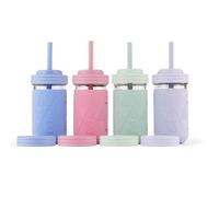 Elk and Friends 12oz Glass Kids + Toddler Drinking Cups | The Original Mason Jars with Lids + Sleeves + Straws | Smoothie Cups | Spill Resistant | Dishwasher Safe | 4 Pack