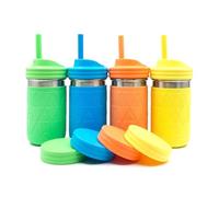 Elk and Friends 14oz Stainless Steel Kids + Toddler Drinking Cups | The Original Mason Jars with Lids + Sleeves + Straws | Smoothie Cups | Spill Resistant | Dishwasher Safe | 4 Pack