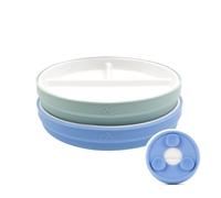 Elk and Friends Kids 6.7” Porcelain White Divided Plates with Silicone Suction Sleeves | Suitable for Babies/Toddlers | Microwave & Dishwasher Safe | Stay Put Dinnerware | Snack Dishes | 2 Pack