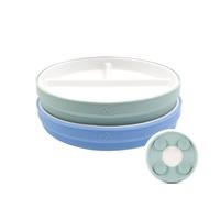 Elk and Friends Kids 7.8” Porcelain White Divided Plates with Silicone Suction Sleeves | Suitable for Babies/Toddlers | Microwave & Dishwasher Safe | Stay Put Dinnerware | Snack Dishes | 2 Pack