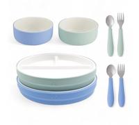 Elk and Friends Kids Porcelain Mealtime Bundle with Normal Sleeves | Plates, Bowls + Toddler Utensils | Silicone Sleeves | for Meals + Snacks | Microwave + Dishwasher Safe