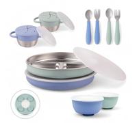 Elk and Friends Kids Stainless Steel Mealtime Bundle | Plates, Bowls, Snack Cups + Toddler Utensils | Silicone Suction Sleeves + Travel Storage Lids | for Meals + Snacks | Dishwasher Safe
