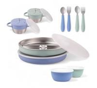 Elk and Friends Kids Stainless Steel Mealtime Bundle | Plates, Bowls, Snack Cups + Toddler Utensils | Silicone Sleeves + Travel Storage Lids | for Meals + Snacks | Dishwasher Safe