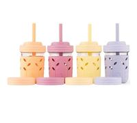 Elk and Friends Kids & Toddler Cups | The Original Glass Mason Jars 8 oz with Silicone Sleeves & Silicone Straws with Stoppers | Smoothie Cups | Spill Proof Sippy Cups for Toddlers | 4 Pack