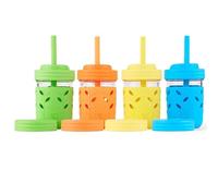 Elk and Friends Kids & Toddler Cups | The Original Glass Mason Jars 8 oz with Silicone Sleeves & Silicone Straws with Stoppers | Smoothie Cups | Spill Proof Sippy Cups for Toddlers | 4 Pack