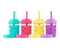 Elk and Friends Kids & Toddler Cups | The Original Glass Mason Jars 8 oz with Silicone Sleeves & Silicone Straws with Stoppers | Smoothie Cups | Spill Proof Sippy Cups for Toddlers | 4 Pack
