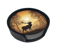 Elk Artwork Coasters For Drinks Set Of 6 Leather Tea Cup Coaster Drink Coasters For Cup Kitchen Bar Home Decor Housewarming Gift