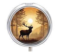 Elk Artwork Pill Box 3 Compartment Portable Travel Pill Case with Mirror Round Metal Medicines Storage Container Pocket Medicine Box to Hold Vitamins Fish Oil