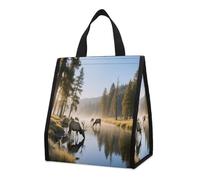 Elk Drinking Water by The River Insulated Lunch Bag Box, 12L Capacity with Dual Side Pockets, Foldable Cooler Tote, Leakproof Lunch Cooler Bag, Reusable Picnic Tote Bags for Work Travel Office Beach