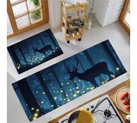Elk Forest Fireflies Non Slip kitchen mats Sets 2 Piece, Mysterious Fantasy Kitchen Mat Anti Fatigue, Blue-Black kitchen carpets for Decoration - 50x80cm+50x120cm