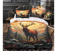 Elk in mountains 3D Print Comforter Cover 3-Piece Premium Microfibre Stain-Resistant Wildlife poster Quilt Cover 2 Pillow Shams Zippered Closure Bed Ensemble Family Guests Single (135x200cm)
