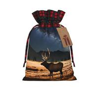 Elk in the meadow Christmas Drawstring Gift Bags, S Rustic Linen Tartan Pouches with Tags for Wedding Party Favours
