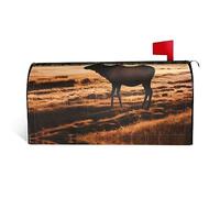 Elk in The Meadow It is a Waterproof Fabric Mailbox Cover with a Print on one Side and a Curved Opening on one Side.