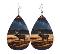 Elk in the meadow Leather Earring. Stylish teardrop shape, perfect for women, and a great decorative choice for parties and holidays.