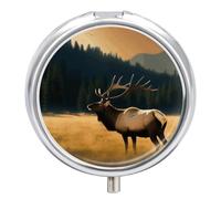 Elk in The Meadow Pill Box Small Round Pill Case Portable Travel Pill Container Multi-Functional Moisture Proof Metal Medicine Pill Organizer Box for Vitamins Fish Oil