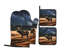 Elk in The Meadow Print Oven Mitts & Pot Holders Set of 4 - Non-Slip Mitts High Heat Hot Pads for Kitchen Cooking