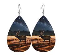 Elk in the meadow Prints Leather Teardrop earrings Pendant Stylish and light Lightweight Dangle for Women Girls, One Size, Leather, No Gemstone