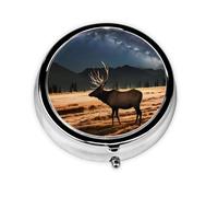 Elk in The Meadow Round Mini Pill Box: 3-Compartment Portable Metal Pill Organizer with Snap Closure, Ideal for Daily Travel Use