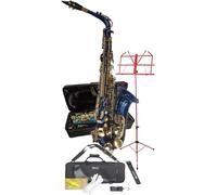 Elkhart Vincent Bach by Chase E-Flat Blue Alto Saxophone Package - Saxophone, Vincent Bach Deluxe Saxophone Case, Music Stand with Bag, Microfibre Cloth, Straps & Gloves