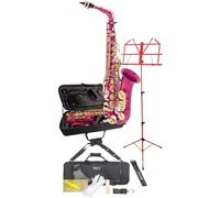 Elkhart Vincent Bach by Chase E-Flat Pink Alto Saxophone Package - Saxophone, Vincent Bach Deluxe Saxophone Case, Music Stand with Bag, Microfibre Cloth, Straps & Gloves