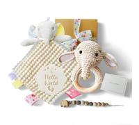 Elkinno New Baby Boys Gifts, Elphie Comforter Sets with Wooden Rattle/Pacifier Clip/Milestone Cards/Baby Shower Card for 0-6 Months Baby Toy Gifts Sets, Unique Baby Gift Essential