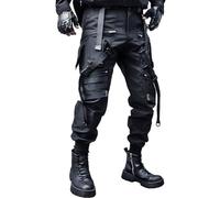 ELKNLMU Multiple Pockets Punk Jogger Pants Men Streetwear Cargo Pants Black Tactical Techwear Male Hip Hop Trousers Ribbon, Black, Medium