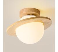 Elksdut Wood Ceiling Lamp Mid Century Semi Flush Mount Ceiling Light, Planet Hallway Light Fixtures Glass Globe Shade Design, E27 Base Log Style Living Room Small Ceiling Lamps