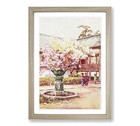 Ella Du Cane Japanese Oriental Cherry Blossom at Chion-in Temple Framed Print | A2 Oak Framed Wall Art | Ready to Hang | Asian Religious Picture | Living Room Bedroom Lounge Office