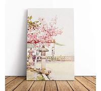 Ella Du Cane Japanese Oriental The pink cherry Asian | Canvas Wall Art Print | Framed & Ready to Hang Picture | Modern Home Decor for Living Room, Bedroom, Kitchen or Office | 20x14 Inches