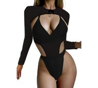 Ella Lust Rave Outfits for Women - Festival Sexy Neon Bodysuit Swimwear Concert One Piece Swimsuit Mesh Buckle Crop Top Cover-up Club Party Costume Bikini 2 Pcs Set(Black,L,1017r)
