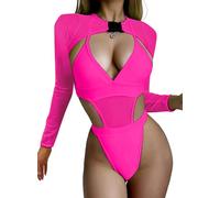 Ella Lust Rave Outfits for Women - Festival Sexy Neon Bodysuit Swimwear Concert One Piece Swimsuit Mesh Buckle Crop Top Cover-up Club Party Costume Bikini 2 Pcs Set(Rose,XS,1017r)