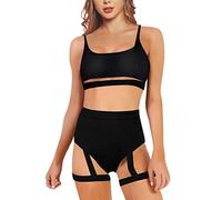 Ella Lust Rave Outfits for Women - Sexy Festival Bodysuit Underboob Cutout Top High Waist Harness Bottom EDM Party Bikini Set(Black,XS,1305r)