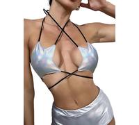 Ella Lust Rave Star Top for Women - EDC Festival Sexy Halter Party Dance Bra Backless Strappy Crisscross Wrap Tie Outfits, Silver Holographic, S