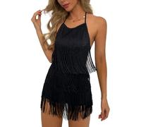 Ella Lust Sexy Backless Fringe Dress - Womens 1920s Flapper Tassel Halter Playsuit Romper Vintage Latin Dance Party Dresses(Black,S,1074r)