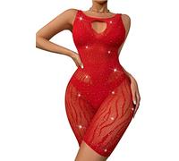Ella Lust Women Sexy Sparkly Rhinestone Bodysuit - Rave Outfits Mesh Fishnet Romper Bodycon One Piece Lingerie Jumpsuit(Red,O,1053r)