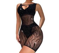 Ella Lust Women Sexy Sparkly Rhinestone Bodysuit - Rave Outfits Mesh Fishnet Romper Bodycon One Piece Lingerie Jumpsuit(Black,O,1053r)