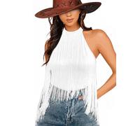 Ella Lust Women Western Fringe Bodysuit - Cowgirl Country Concert Outfit Boho Tassel Hem High Cut Skinny Festival Tank Top(White,M,107461r)
