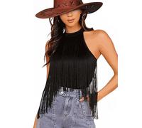 Ella Lust Women Western Fringe Bodysuit - Cowgirl Country Concert Outfit Boho Tassel Hem High Cut Skinny Festival Tank Top(Black,M,107461r)