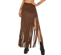 Ella Lust Womens Cowgirl Fringe Maxi Skirts - Western Country Concert Outfits Bodycon Hem Tassel High Waist Long Pencil Skirt, Deep Brown, XS
