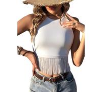 Ella Lust Womens Cowgirl Fringe Tank Tops - Nashville Country Concert Outfits Raceback Ribbed Festival Western Crop Shirts, White, M
