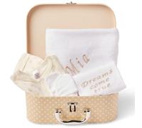 ellabellaboo Personalised Baby Gifts Set - Gift Hamper Includes Personalised Fleece Baby Blanket & Bodysuit, & Newborn Essentials in a Cream Keepsake Box