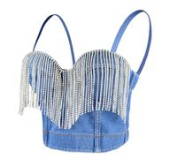 ELLACCI Women's Tassel Rhinestone Denim Bustier Crop Top Jean Corset Top Bra Blue, Blue, Large