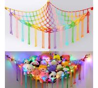 EllaSeek Toy Hammock for Stuffed Animals Large Soft Toy Storage Organizer with LED Lights, Corner Hanging Net Soft Cuddly Holder for Kids Girls Preppy Room Bedroom Nursery Playroom Decor