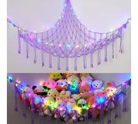 EllaSeek Toy Hammock for Stuffed Animals Large Soft Toy Storage Organizer with LED Lights, Corner Hanging Net Soft Cuddly Holder for Kids Girls Preppy Room Bedroom Nursery Playroom Decor